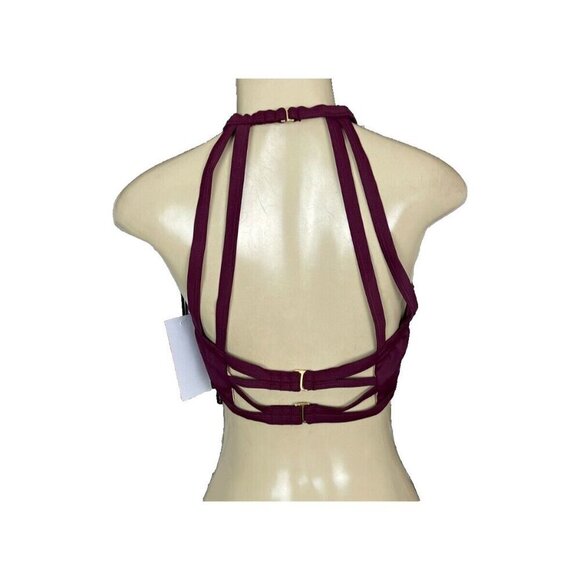Swimsuits For All 14 Maroon Mesh Lined High Neck Open Dble Strap Back Swim Top - Picture 4 of 6
